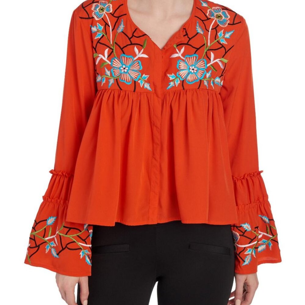NEW KAS Designs Embroidered Peasant Top Boho Chic NWT M Bohemian Festival